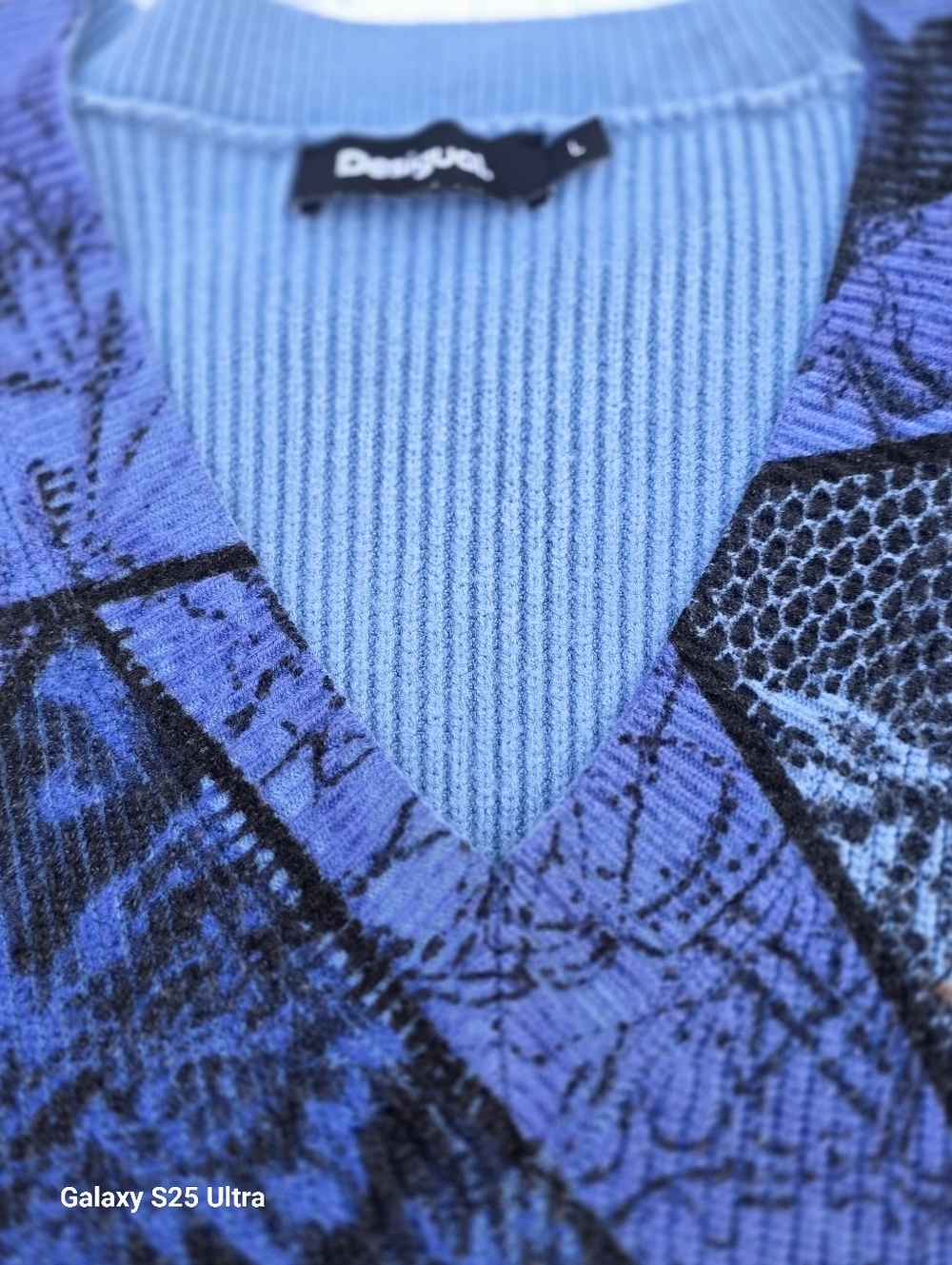 Desigual Artsy Bohemian Print Patchwork V-Neck Sweater Blue EUC SZ LG - Picture 15 of 15